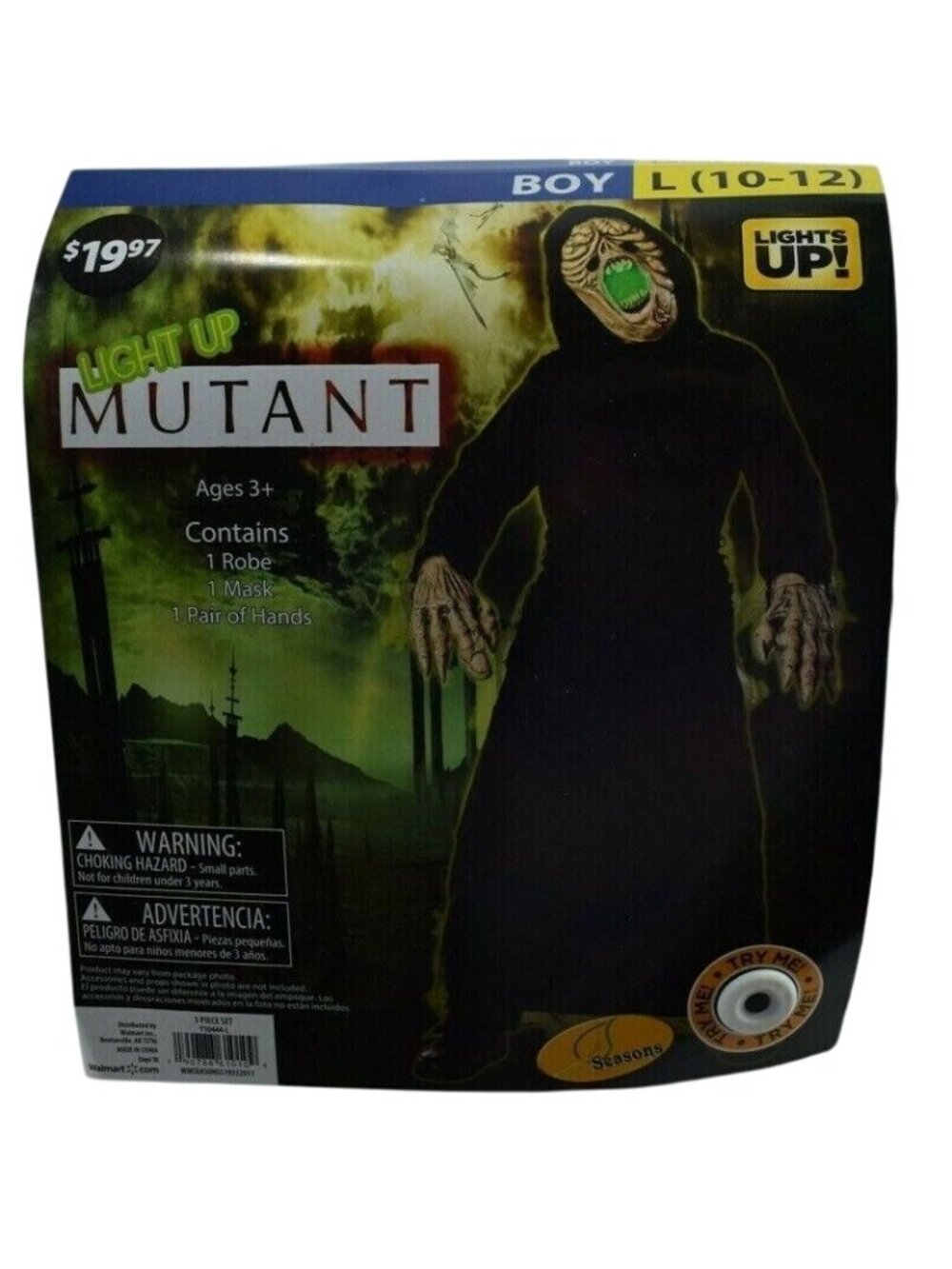 Seasons Boys L 10 to 12 Light Up Mutant Complete 4 Pc Halloween Costume New